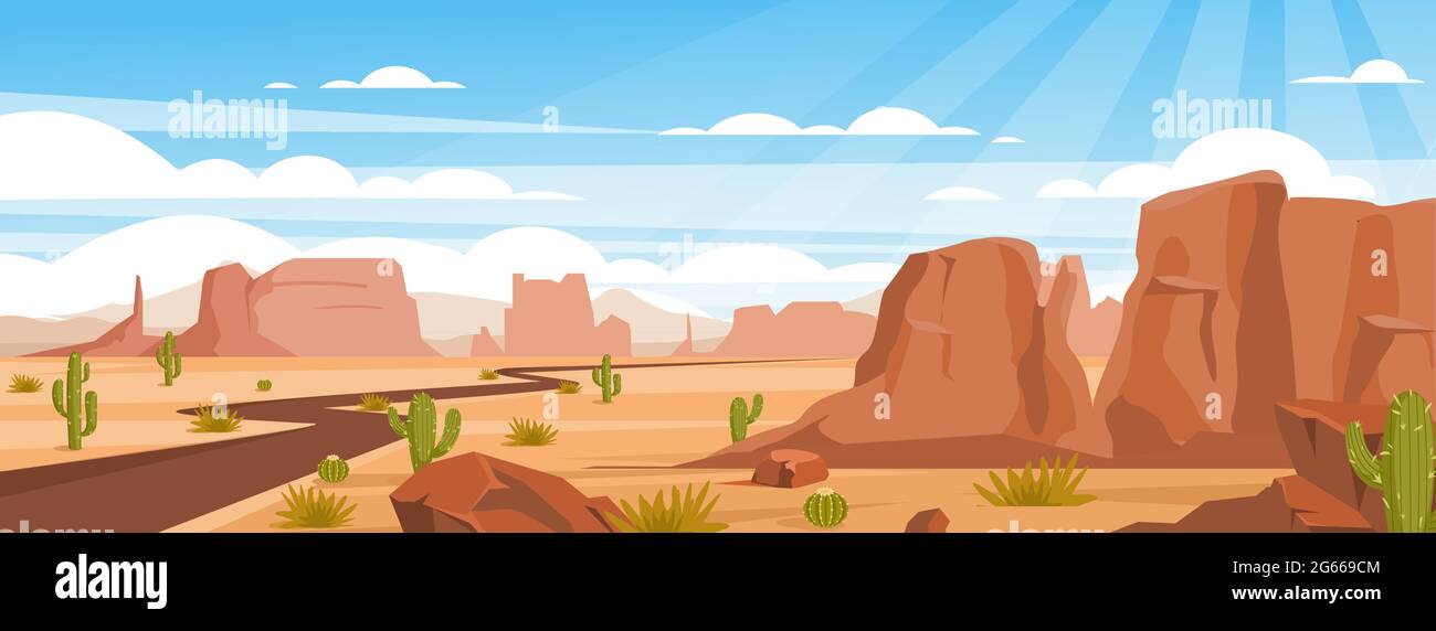 Paysage désertique de sable illustration vectorielle plate colorée. Vallée vide avec des rochers, des rochers et des cactus verts. Terre sèche avec courants d'air et climat chaud Illustration de Vecteur
