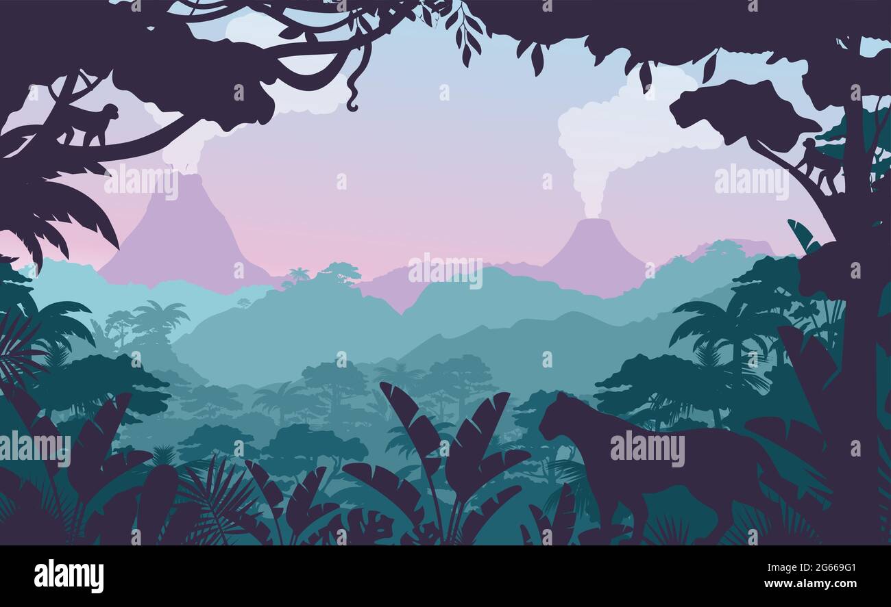 Illustration vectorielle plate de la jungle tropicale. Magnifique paysage forestier de soirée, flore et faune exotiques. Vue sur la forêt tropicale africaine avec silhouette sauvage de chat Illustration de Vecteur