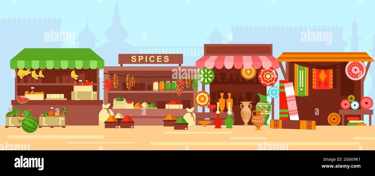 Bazar de l'est, illustration vectorielle plate du marché de la rue. Panorama du marché arabe vide avec stands et pas de personnes. Fruits frais, épices, céramique Illustration de Vecteur