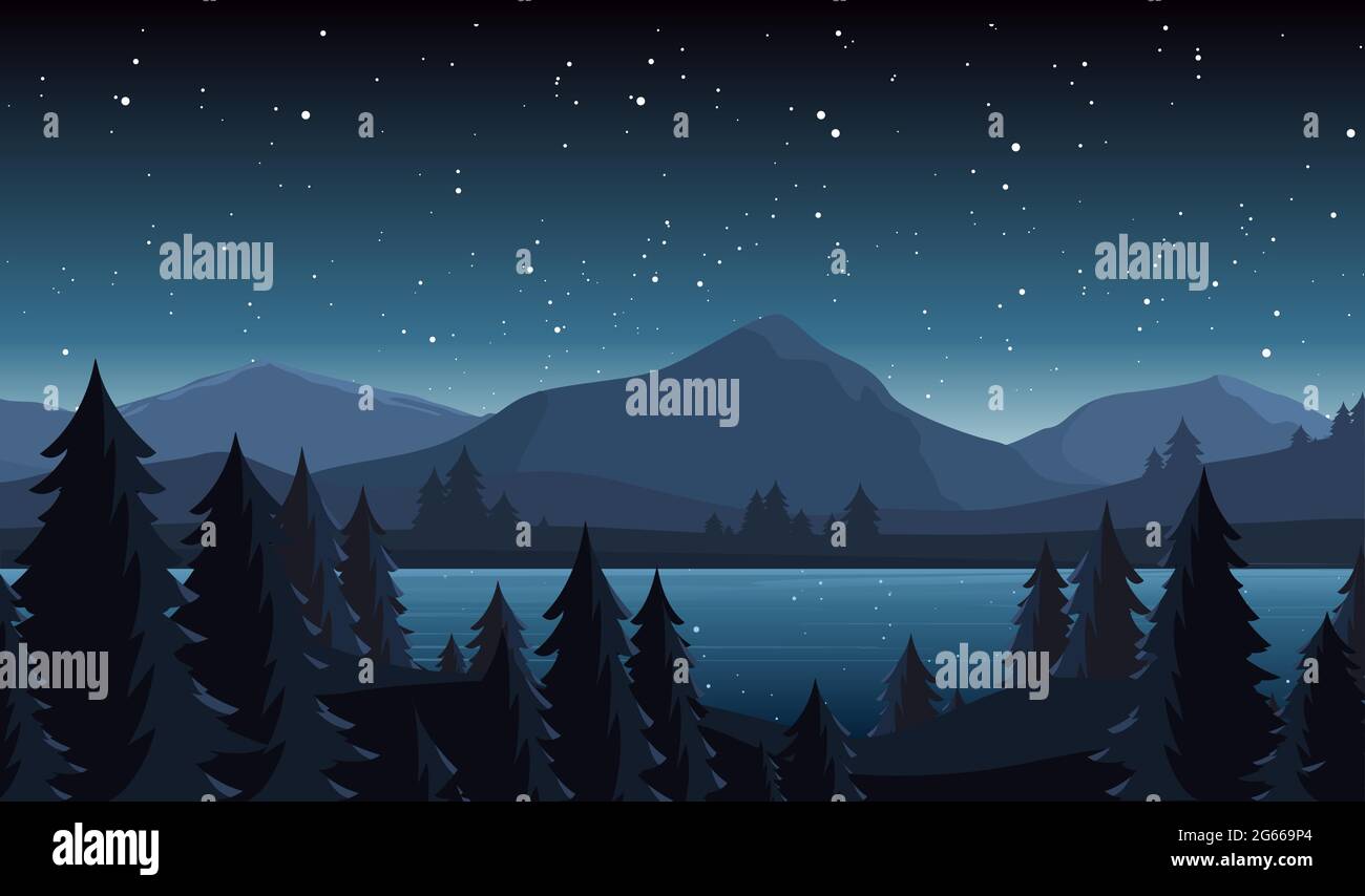Illustration vectorielle plate paysage de lac de nuit. Paysage de forêt de conifères en soirée avec des sapins et des silhouettes de sommets de colline à l'horizon. Montagne, rivière Illustration de Vecteur