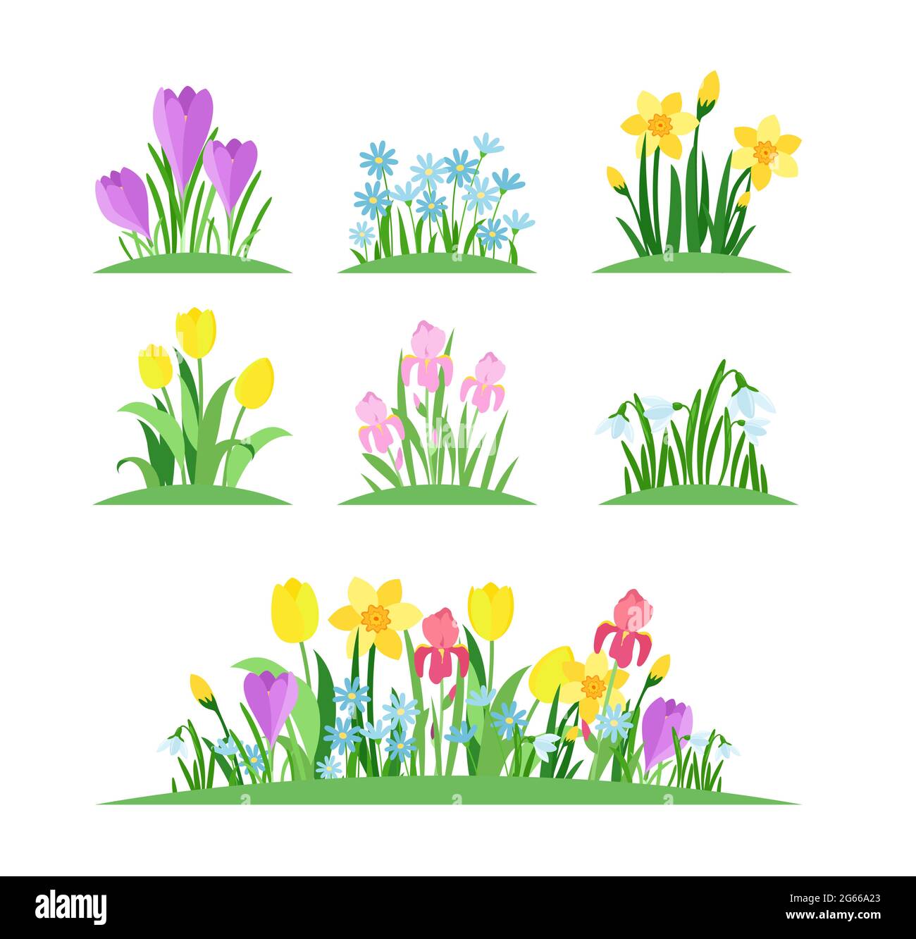 Jeu d'illustrations vectorielles plates Spring flowers. Parterres de jardin et herbe verte sur fond blanc. Tulipes, bellflowers, brindilles de narcisse et Illustration de Vecteur
