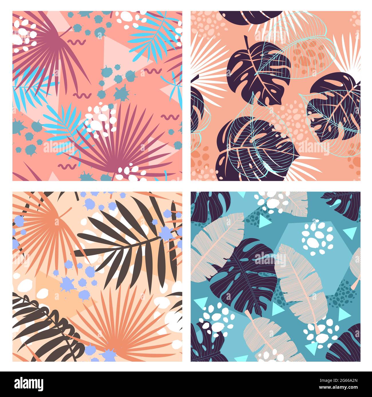 Jungle feuilles plat vecteur sans coutures ensemble de motifs. Texture de feuillage tropical de style memphis créatif. Abstrait coloré flore de forêt tropicale décoratif Illustration de Vecteur Jungle feuilles plat vecteur sans coutures ensemble de motifs. Texture de feuillage tropical de style memphis créatif. Abstrait coloré flore de forêt tropicale décoratif Illustration de Vecteur