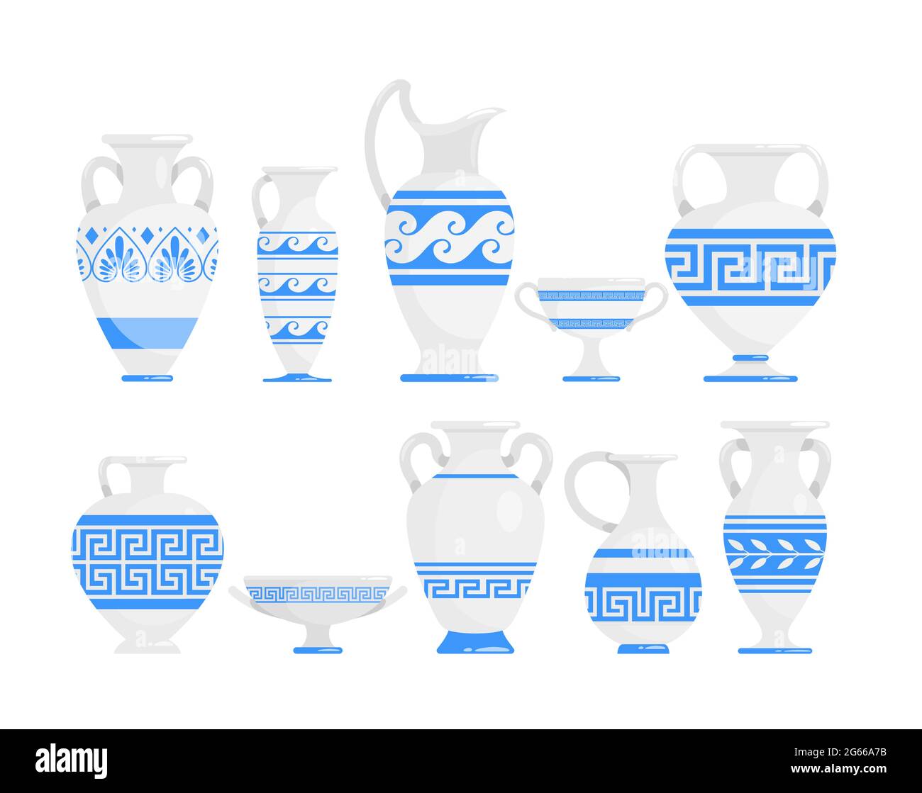 Jeu d'illustrations vectorielles plates bleues et blanches en forme de vases grecs Illustration de Vecteur