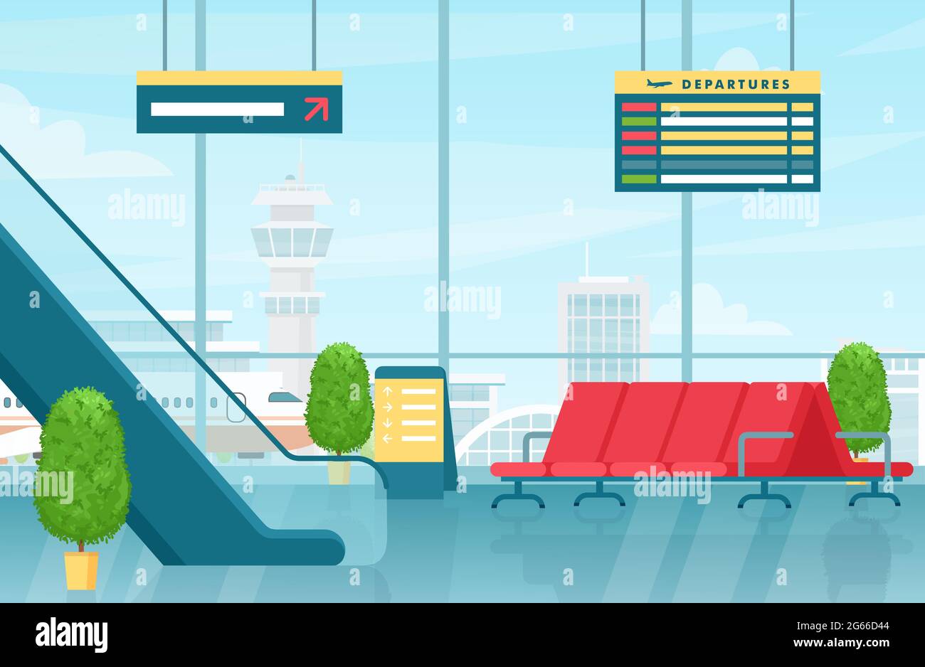 Illustration colorée de l'intérieur du premier étage de l'aéroport à motif vectoriel plat Illustration de Vecteur