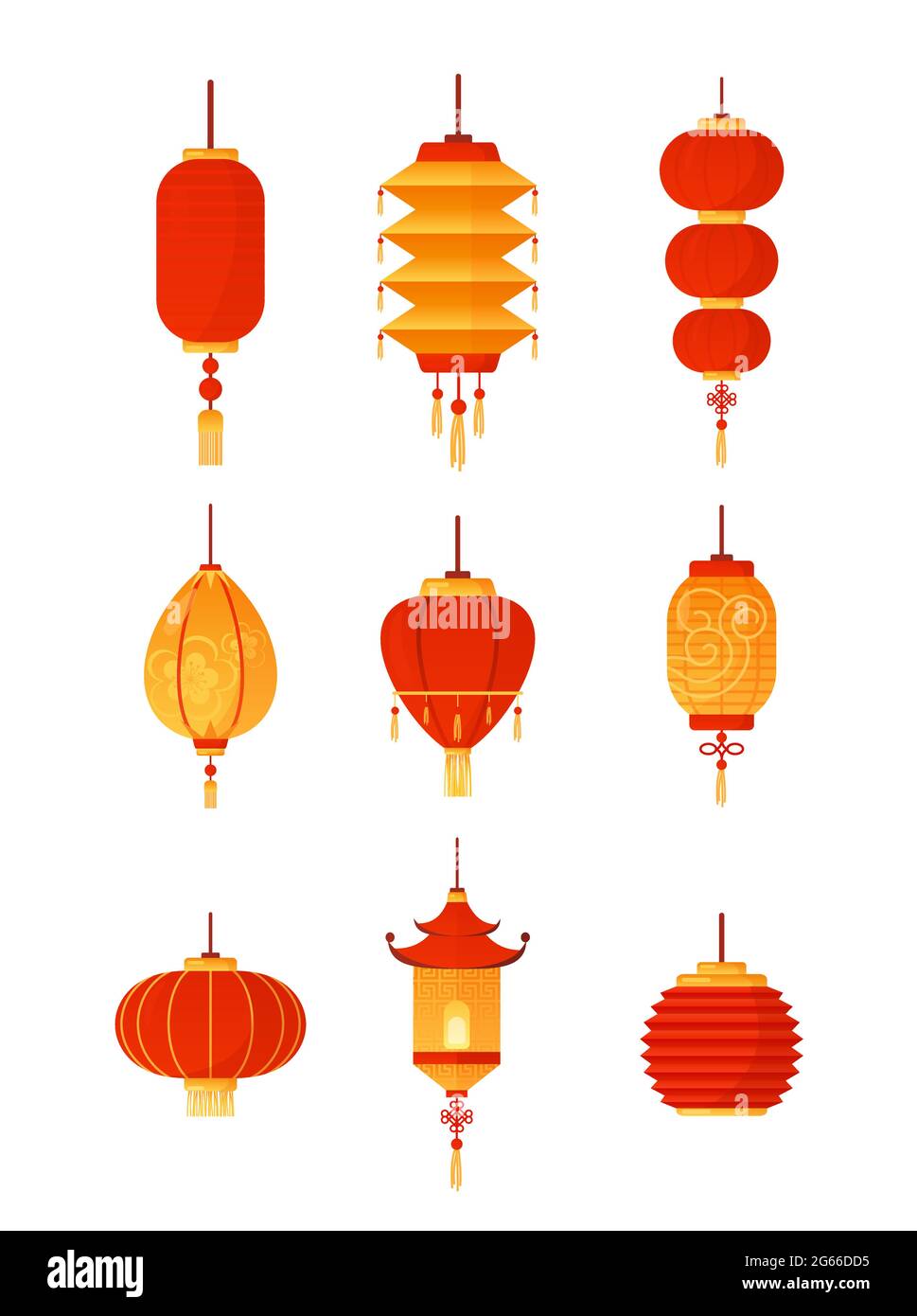Illustration vectorielle de lanternes chinoises sur fond blanc. Collection de lanternes rouges traditionnelles, décorations de fête. Culture chinoise Illustration de Vecteur