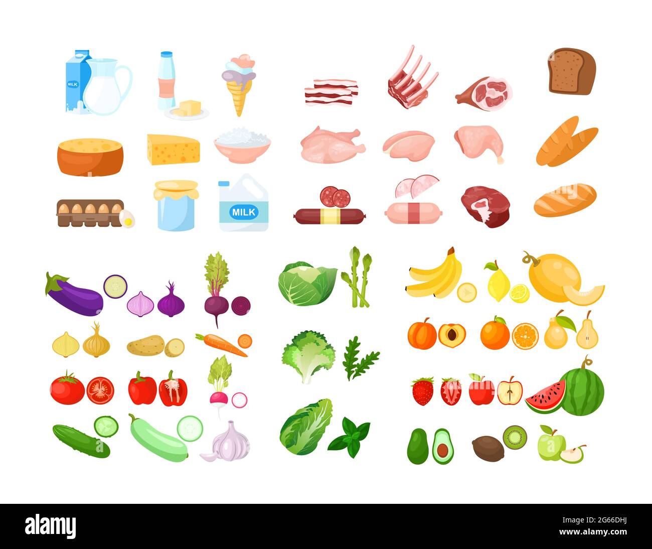 Illustration vectorielle de la collection de dessins animés. Fruits, légumes, boulangerie, produits laitiers et viande. Foodstuff isolé pack. Épicerie Illustration de Vecteur