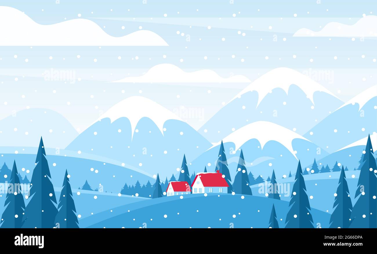 Illustration vectorielle plate paysage d'hiver. Cottages avec toits de tuiles rouges sur des collines enneigées. Paysage de montagnes enneigées. Panorama de la campagne en hiver Illustration de Vecteur