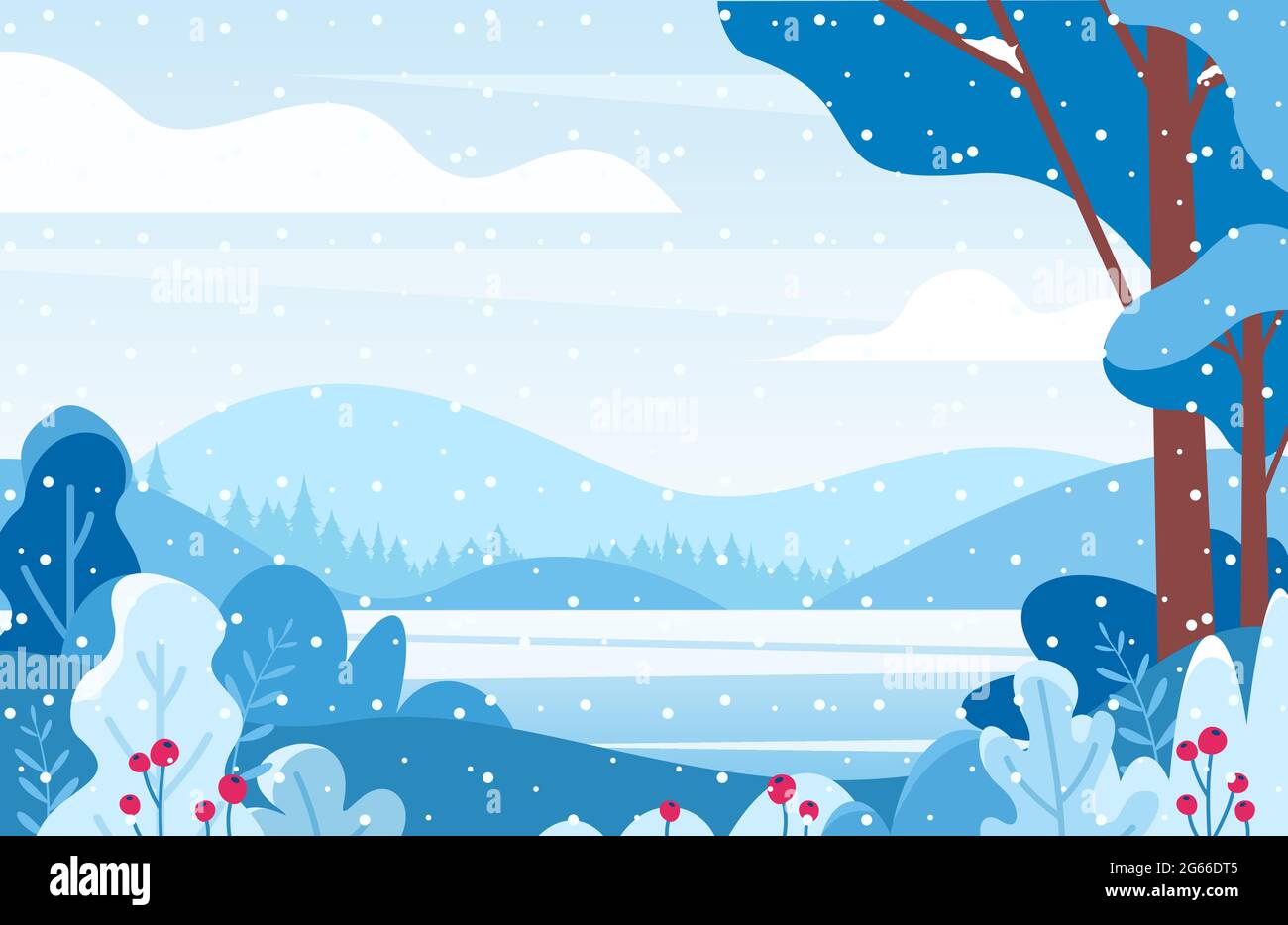 Paysage de lac d'hiver illustration vectorielle plate. Bassin gelé entouré de montagnes et de vallées. Chute de neige en forêt. Buissons enneigés de couleur rouge Illustration de Vecteur