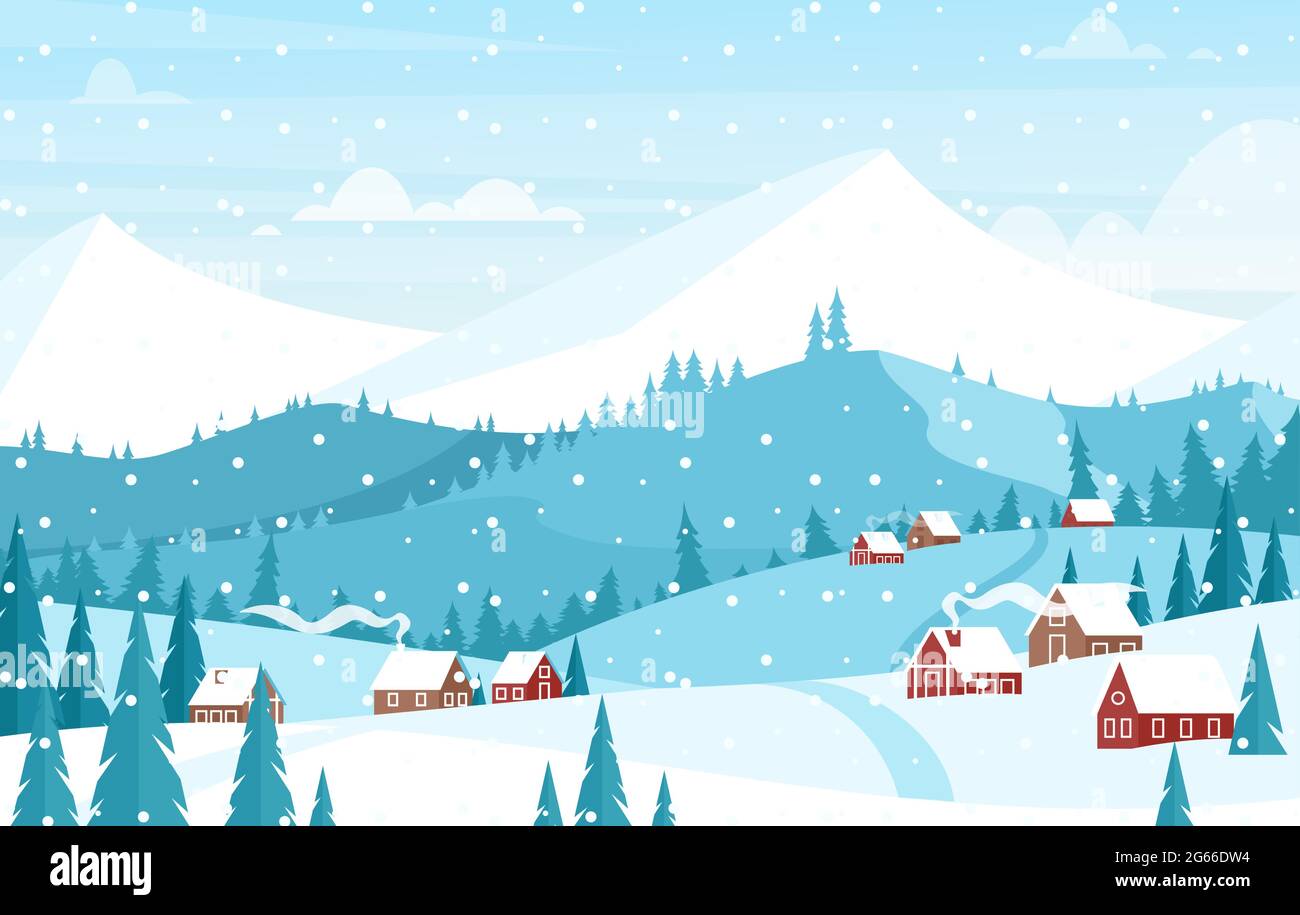 Neige en montagne paysage illustration vectorielle plate. Belle vue d'hiver sur les collines avec de petites maisons de campagne et des arbres. Sommets enneigés Illustration de Vecteur