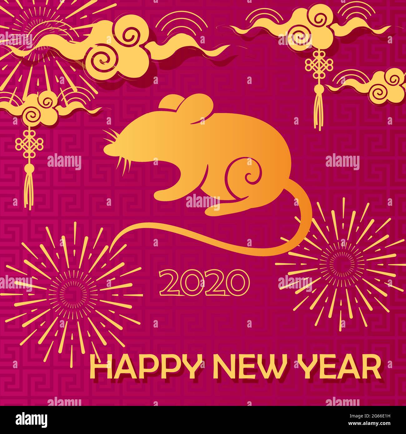 Modèle vectoriel plat de carte de vœux de l'année de la souris. Symbole du nouvel an de l'est sur fond rose. Silhouette de souris dorée avec ornements orientaux stylisés Illustration de Vecteur