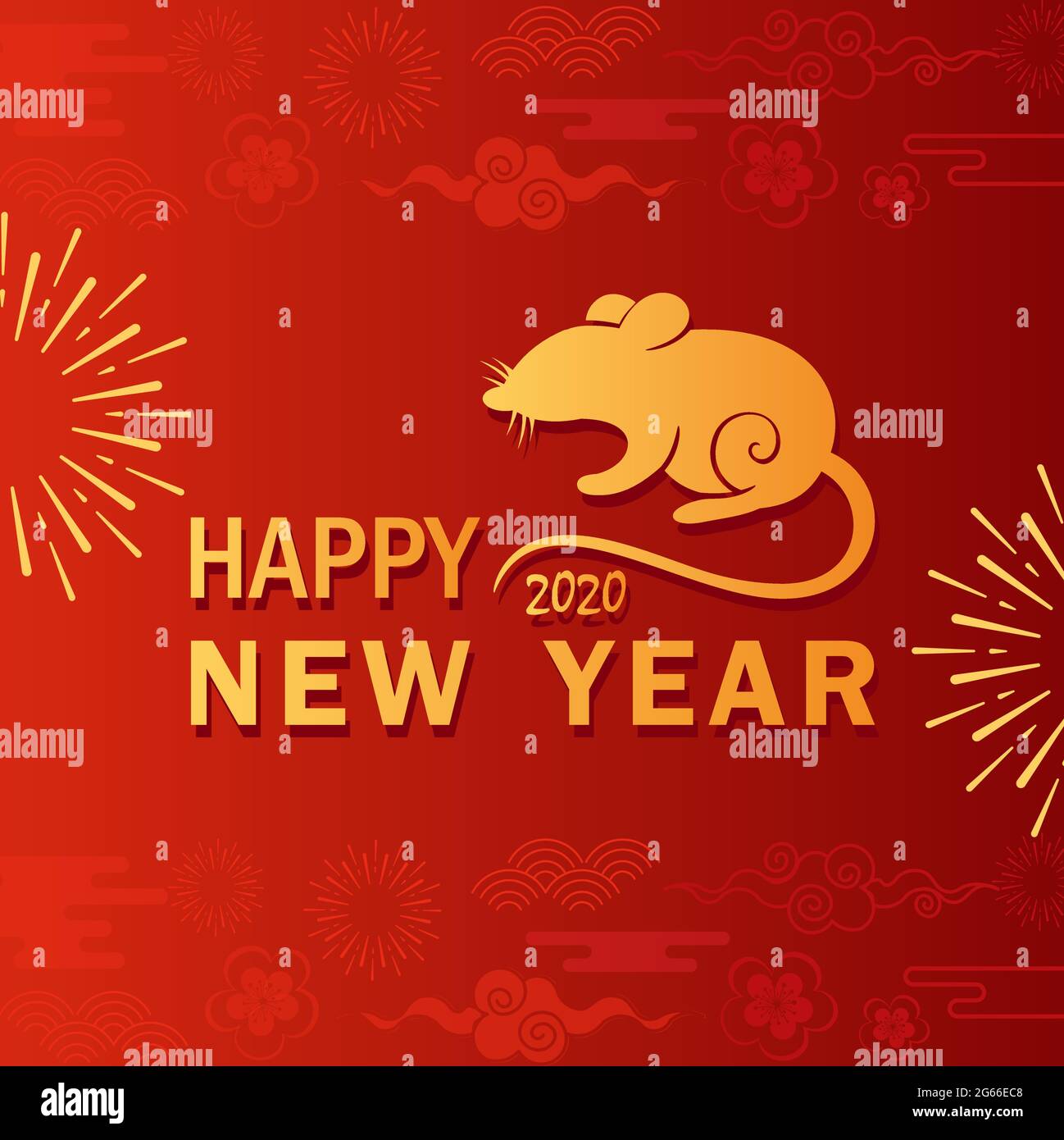 Modèle vectoriel plat de carte de vœux de l'année rat. Symbole du nouvel an chinois sur fond rouge. Silhouette de souris dorée avec ornements orientaux stylisés Illustration de Vecteur