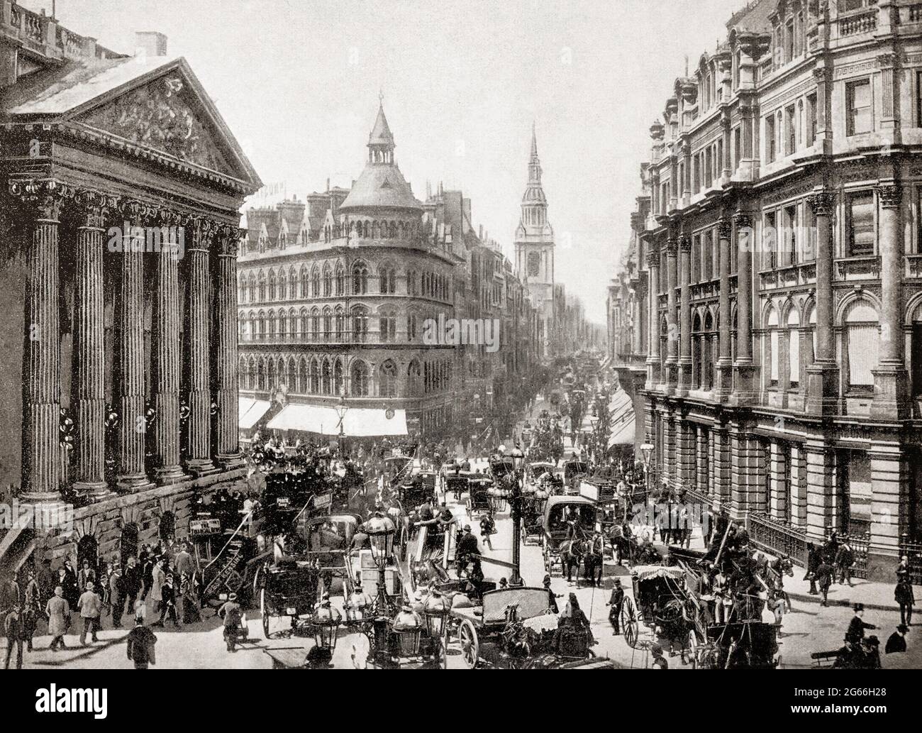Vue de la fin du XIXe siècle sur les embouteillages à l'extérieur du Mansion House à Cheapside, une rue du centre financier historique et moderne de la ville de Londres, en Angleterre. Après la grande église de Saint-Michel-le-Querne, l'extrémité supérieure de la rue s'est élargie en une route à deux voies connue sous le nom de chambles (faisant référence à un abattoir en plein air et à un marché de viande), avec des boucheries des deux côtés et une zone centrale divisée contenant également des bouchers. Banque D'Images