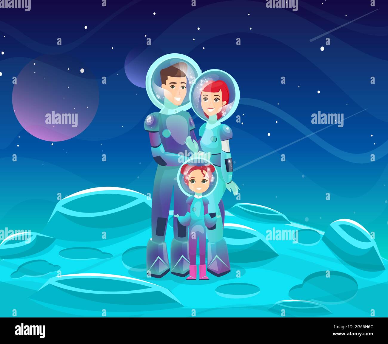 Illustration vectorielle plate de la famille des astronautes. Personnages de dessins animés joyeux pour la mère, le père et la fille. Couple heureux avec enfant sur l'aventure cosmique. Espace Illustration de Vecteur