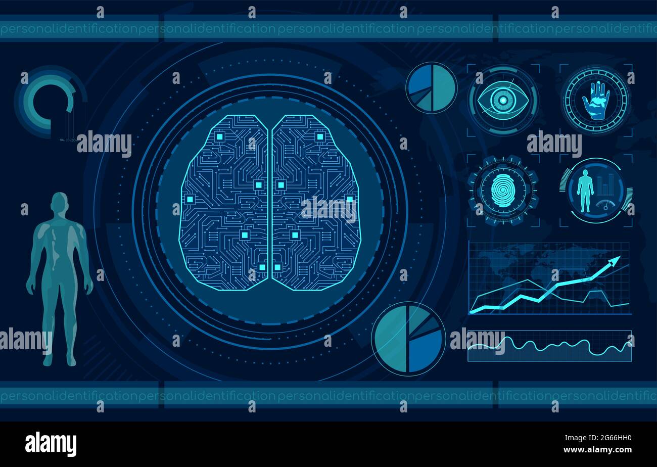Illustration vectorielle plate d'identification personnelle. Système de reconnaissance intelligent, empreinte digitale, empreinte de main et numérisation des yeux. Intelligence artificielle, IA Illustration de Vecteur
