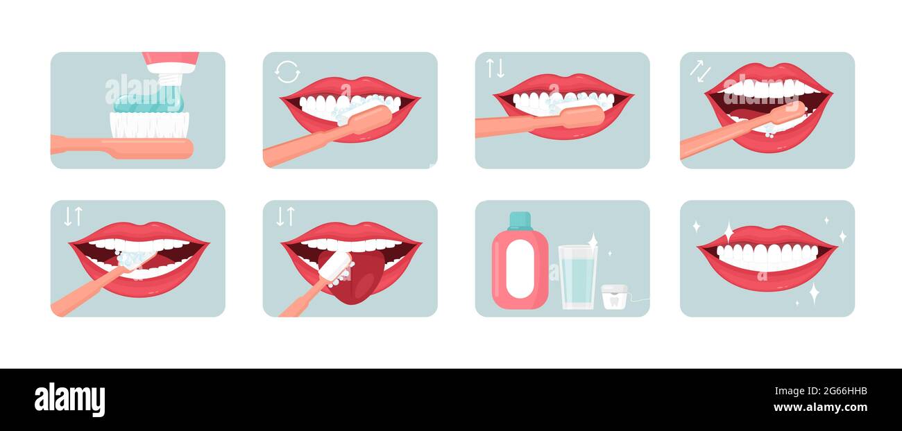 Jeu d'illustrations des étapes de brossage des dents. Soins buccaux appropriés. Dentifrice et rinçage à l'aide du concept. Bannière informative de clinique dentaire, éléments de conception d'affiche Illustration de Vecteur