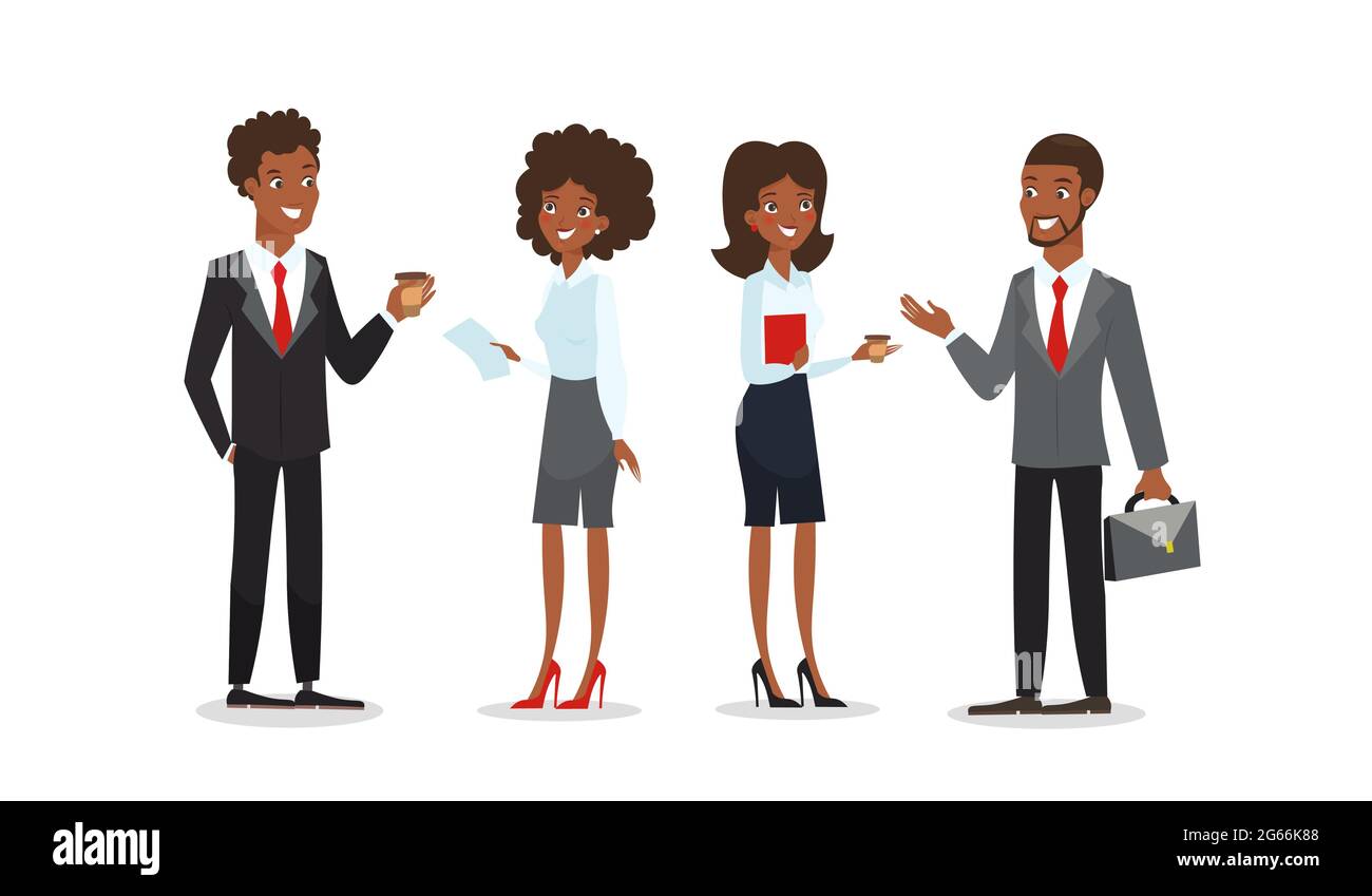 Jeu de caractères professionnels d'illustration vectorielle. Collection d'hommes d'affaires et de femmes d'affaires afro-américains qui parlent et sourient dans un style de dessin animé plat Illustration de Vecteur Jeu de caractères professionnels d'illustration vectorielle. Collection d'hommes d'affaires et de femmes d'affaires afro-américains qui parlent et sourient dans un style de dessin animé plat Illustration de Vecteur