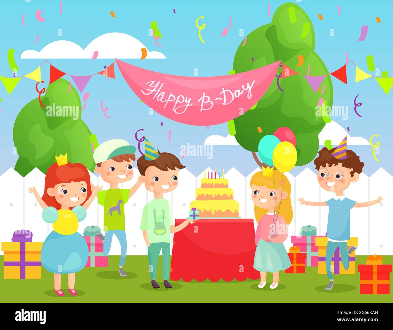 Illustration vectorielle de la fête d'anniversaire des enfants dans la cour avec beaucoup d'enfants heureux dans des vêtements et la décoration lumineux, grand gâteau et beaucoup de cadeaux. Heureux Illustration de Vecteur