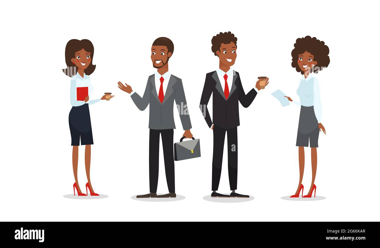 Illustration vectorielle des hommes et des femmes afro-américains dans les vêtements d'affaires, la standind et la discussion ensemble. Personnages professionnels noirs pour la conception Illustration de Vecteur Illustration vectorielle des hommes et des femmes afro-américains dans les vêtements d'affaires, la standind et la discussion ensemble. Personnages professionnels noirs pour la conception Illustration de Vecteur