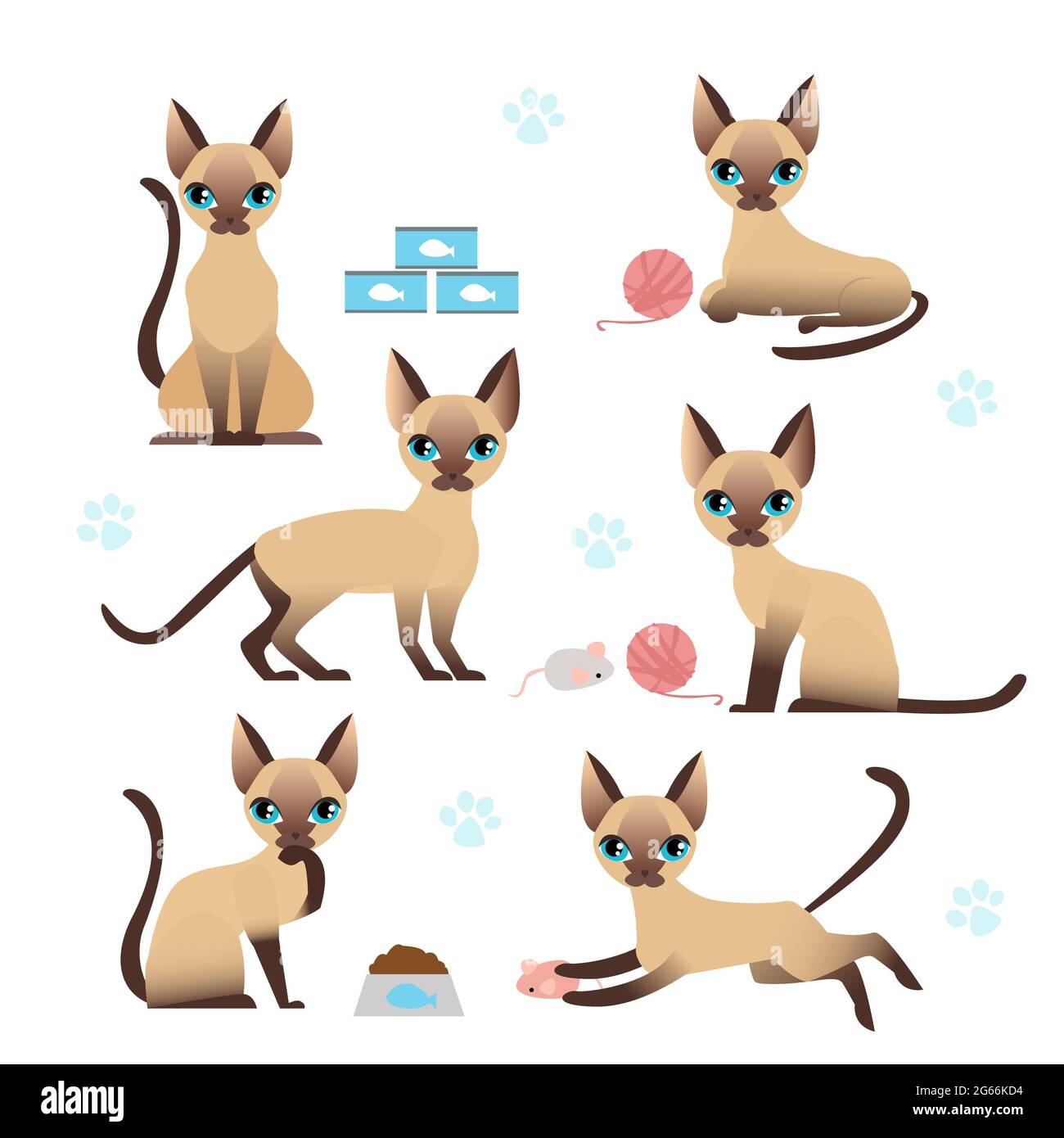 Ensemble d'illustrations vectorielles de chatons mignons en différentes poses avec des imprimés de paw de chat sur fond blanc. Collection de chats dans différentes positions - jouer Illustration de Vecteur