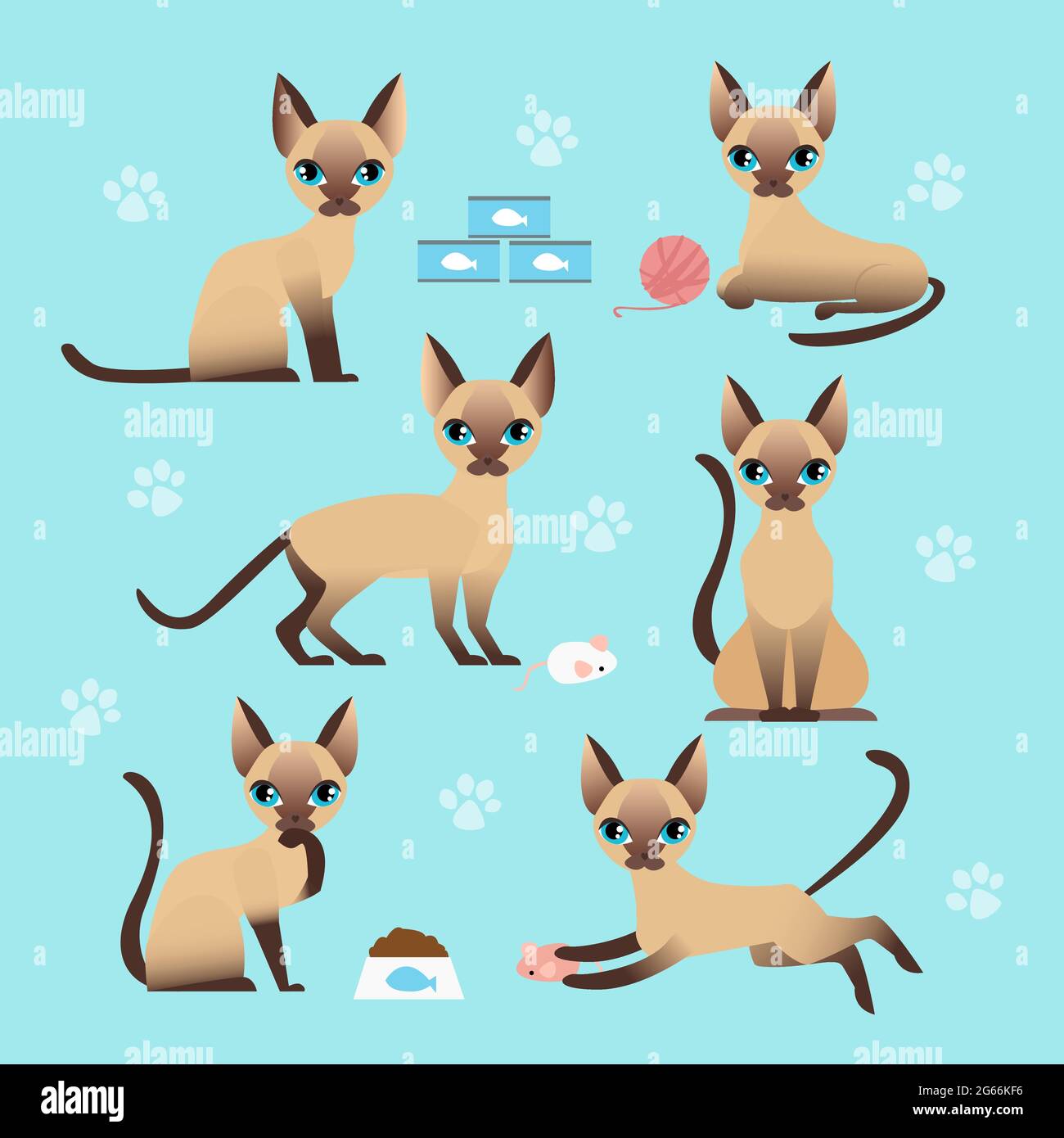 Ensemble d'illustrations vectorielles de chat mignon dans différentes poses. Manger, dormir, s'asseoir et jouer chaton dans un style de dessin animé plat. Illustration de Vecteur