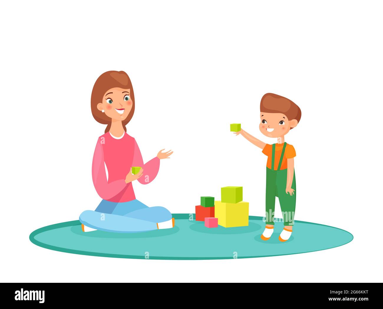 Illustration vectorielle de la maman jouant des blocs avec son fils sur le tapis. Jouer à la maison, passer du temps en famille, nounou avec un enfant. Maman mignonne avec son enfant Illustration de Vecteur