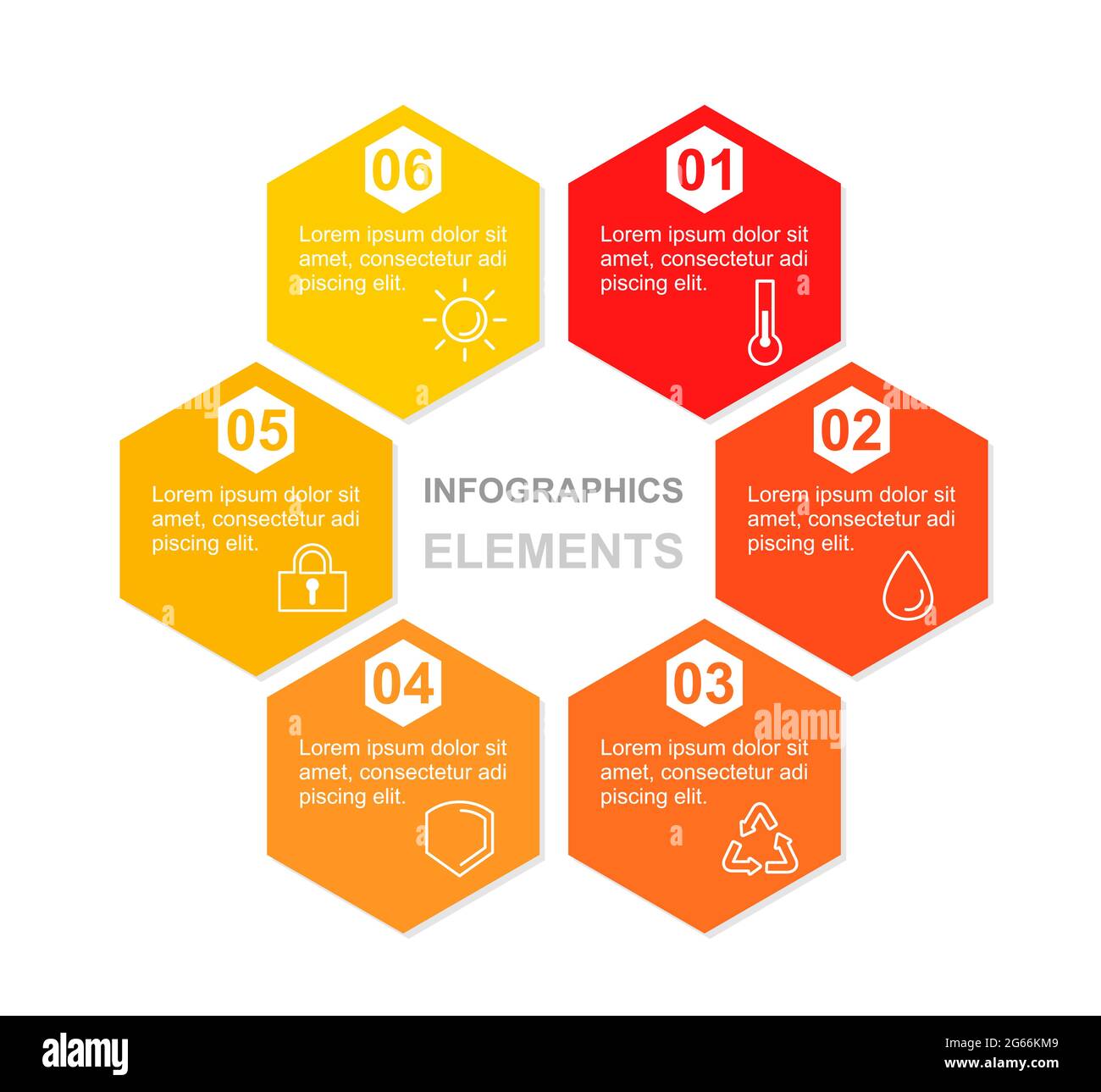 Illustration vectorielle de la visualisation de l'infographie d'entreprise. Diagramme de processus. Éléments colorés hexagonaux avec icônes et place pour le texte. Modèle de diagramme Illustration de Vecteur