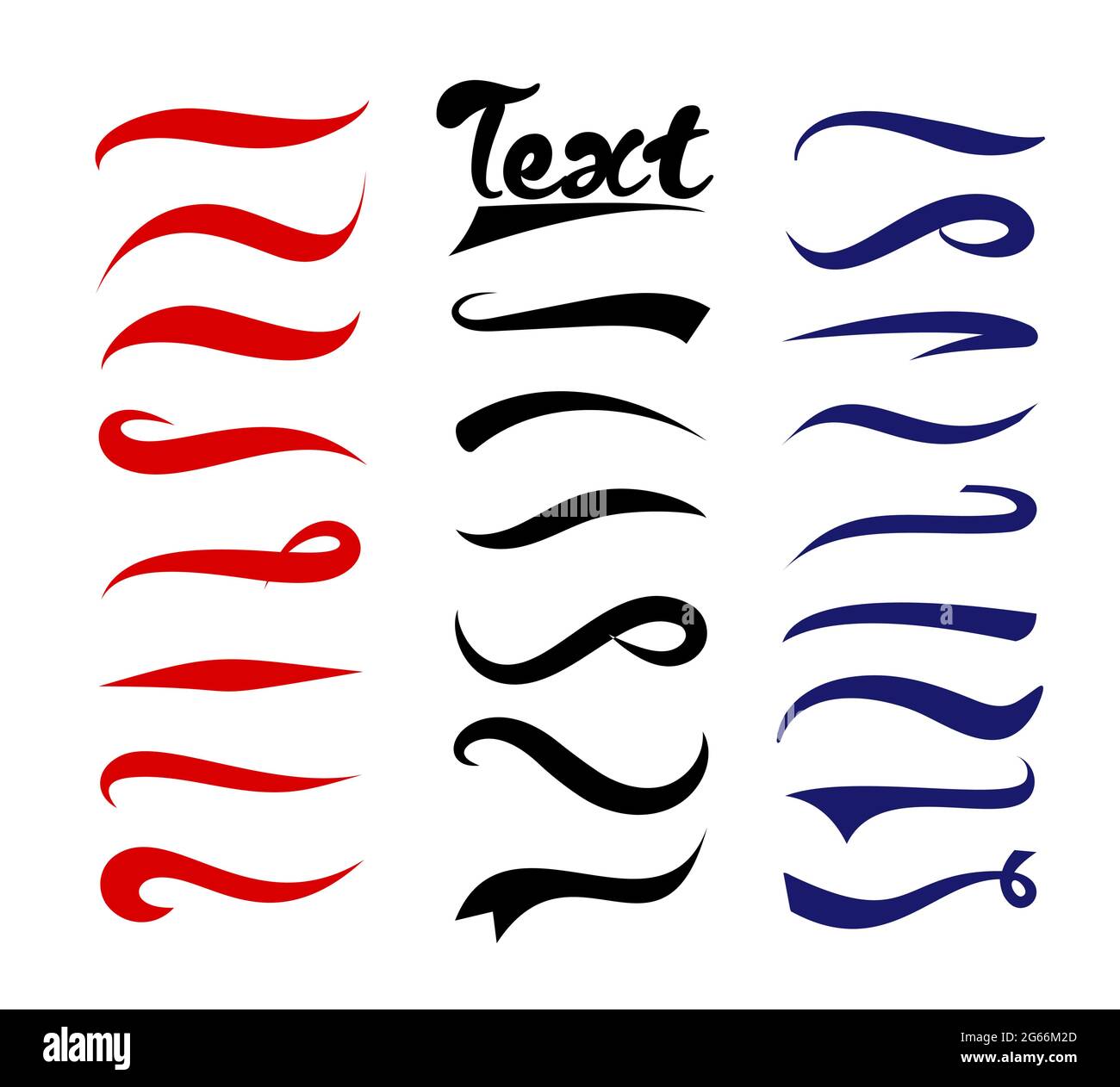Ensemble d'illustrations vectorielles d'éléments de texte. Collection de queues typographiques. Oscillation et Swoosh tourbillonnants. Éléments rouges, bleus et noirs pour le texte et les logos Illustration de Vecteur