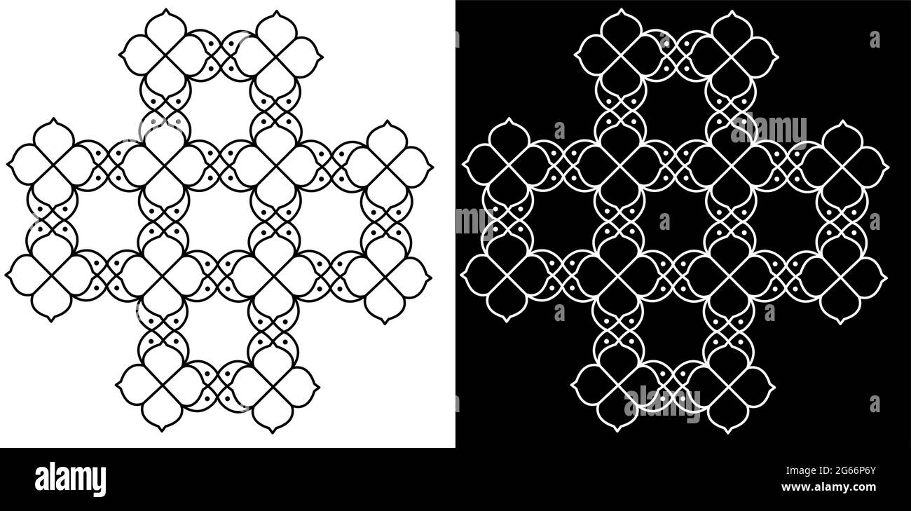 Style indien traditionnel et culturel Rangoli ou Kolam concept de lignes courbes et de points isolés sur fond noir et blanc Illustration de Vecteur
