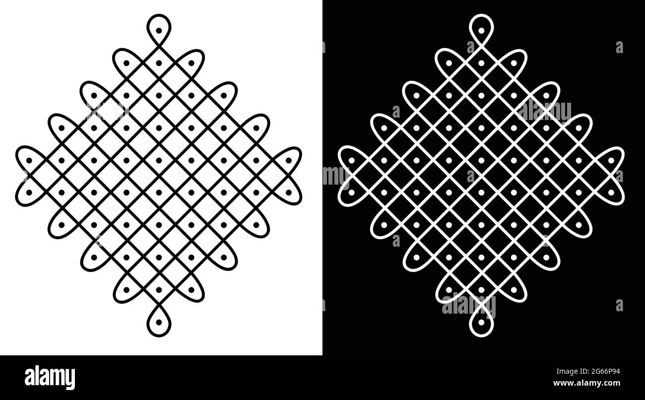 Style indien traditionnel et culturel Rangoli ou Kolam concept de lignes courbes et de points isolés sur fond noir et blanc Illustration de Vecteur
