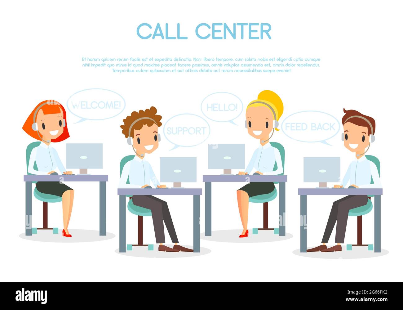 Illustration vectorielle des opérateurs de centres d'appels travaillant au bureau avec des ordinateurs portables et des écouteurs. Des employés souriants et heureux des centres d'appels au travail Illustration de Vecteur Illustration vectorielle des opérateurs de centres d'appels travaillant au bureau avec des ordinateurs portables et des écouteurs. Des employés souriants et heureux des centres d'appels au travail Illustration de Vecteur