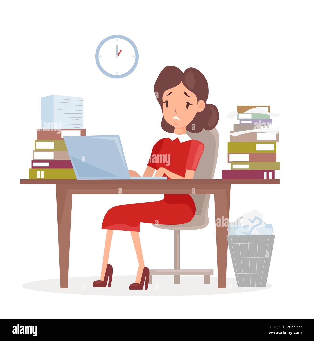 Illustration vectorielle d'une femme d'affaires fatiguée et ésée ou d'un comptable en costume, travaillant sur un ordinateur portable à son bureau avec beaucoup de papiers et Illustration de Vecteur Illustration vectorielle d'une femme d'affaires fatiguée et ésée ou d'un comptable en costume, travaillant sur un ordinateur portable à son bureau avec beaucoup de papiers et Illustration de Vecteur