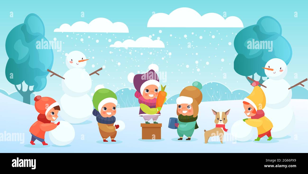 Illustration vectorielle d'enfants heureux jouant dans la neige, faisant bonhomme de neige et jouant avec le chien. Les enfants construisent un bonhomme de neige ensemble pendant la chute de neige, faisant un Illustration de Vecteur