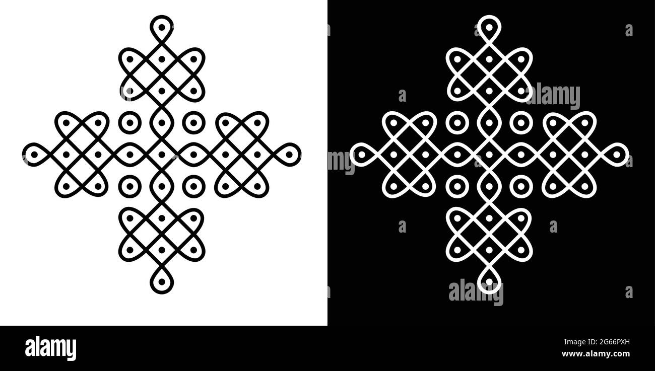 Style indien traditionnel et culturel Rangoli ou Kolam concept de lignes courbes et de points isolés sur fond noir et blanc Illustration de Vecteur