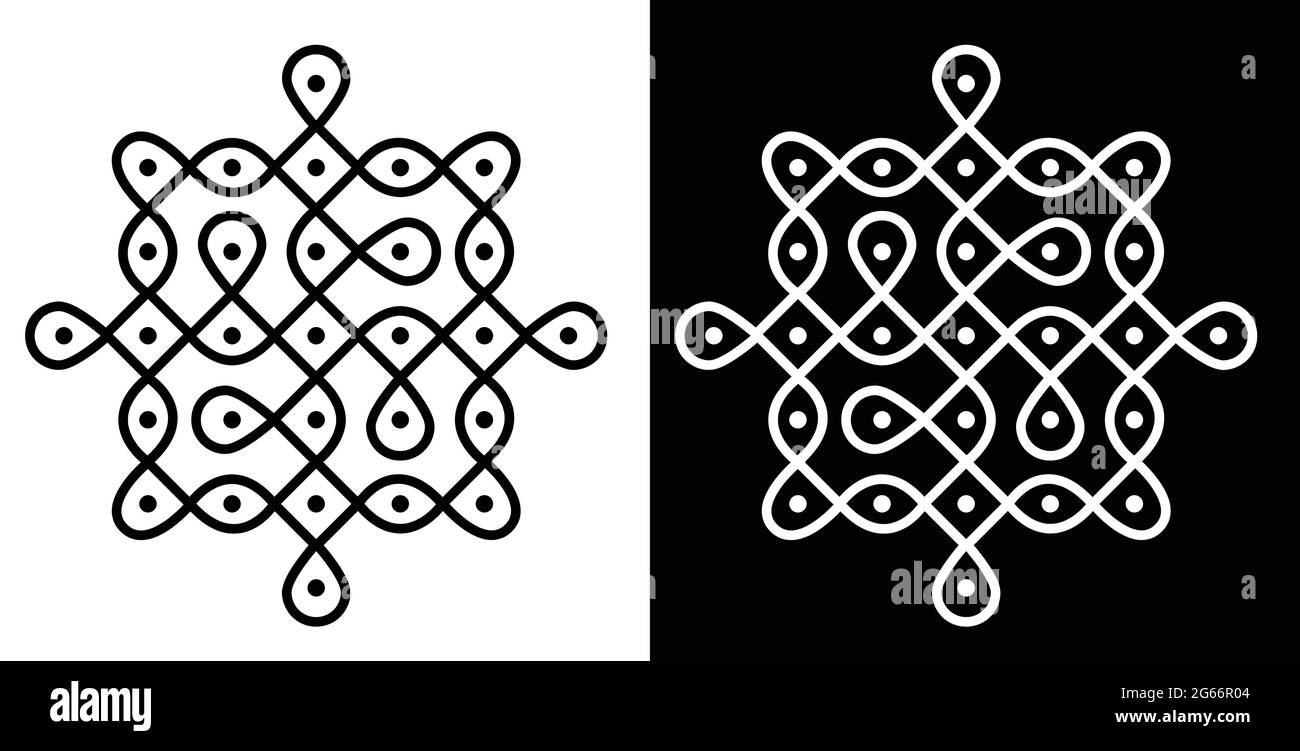Style indien traditionnel et culturel Rangoli ou Kolam concept de lignes courbes et de points isolés sur fond noir et blanc Illustration de Vecteur