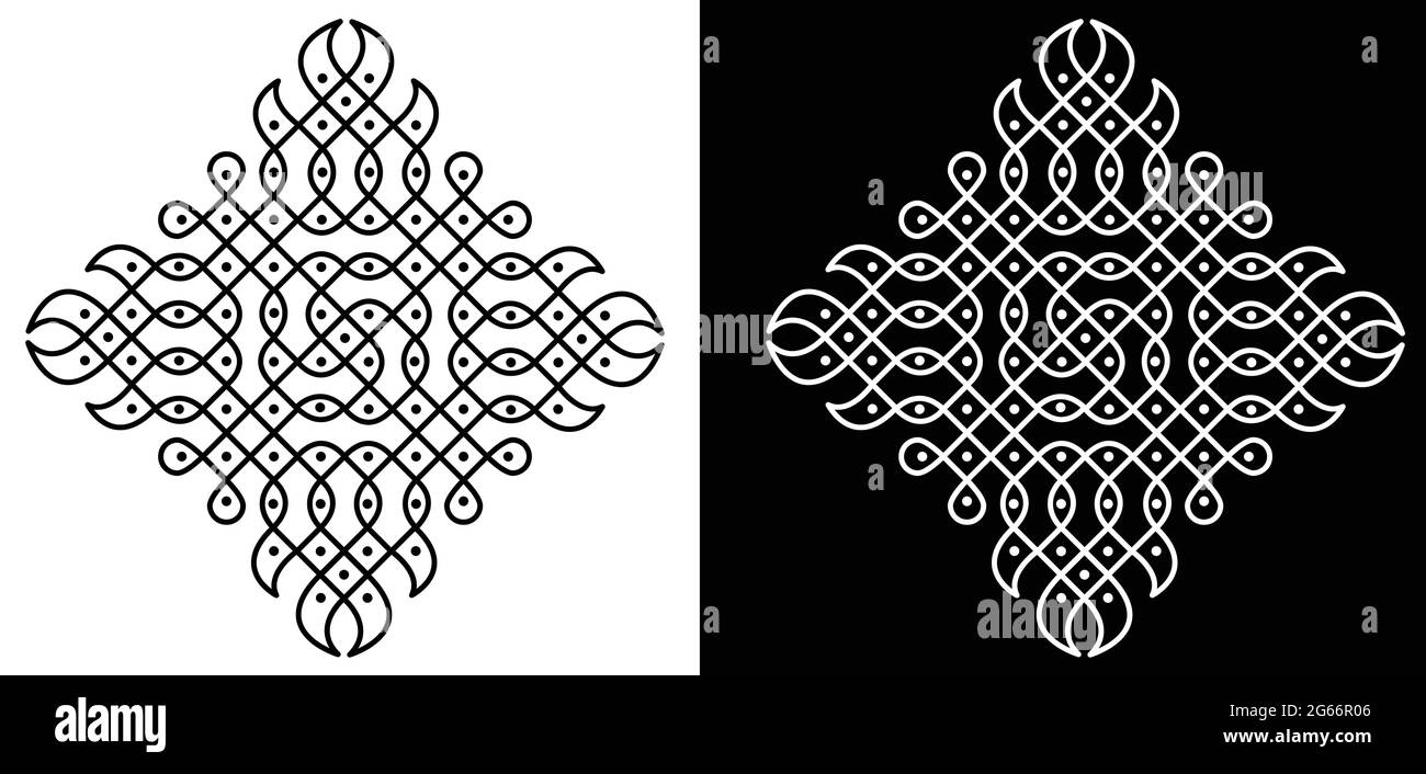 Style indien traditionnel et culturel Rangoli ou Kolam concept de lignes courbes et de points isolés sur fond noir et blanc Illustration de Vecteur