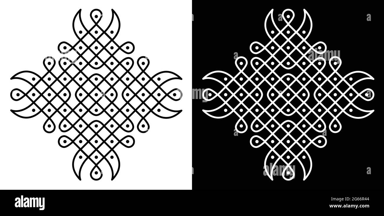 Style indien traditionnel et culturel Rangoli ou Kolam concept de lignes courbes et de points isolés sur fond noir et blanc Illustration de Vecteur
