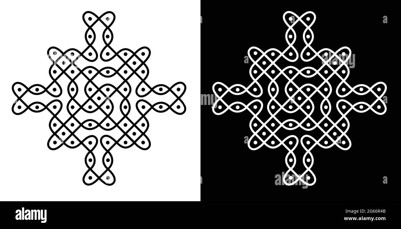 Style indien traditionnel et culturel Rangoli ou Kolam concept de lignes courbes et de points isolés sur fond noir et blanc Illustration de Vecteur