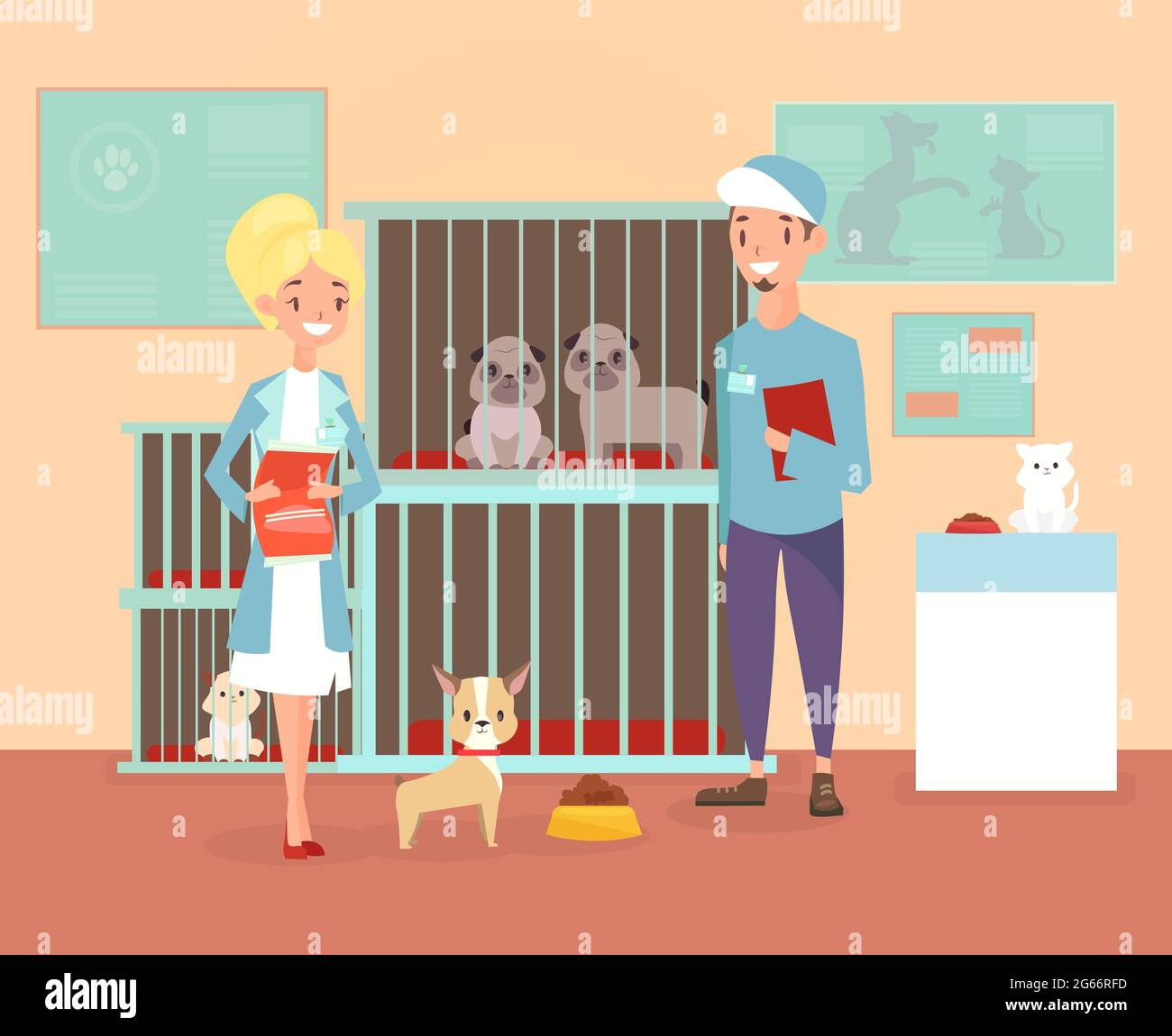 Illustration vectorielle d'un abri pour animaux avec des personnages bénévoles avec des chiens et des chats. Concept d'hébergement, d'adoption d'animaux de compagnie. Animaux de compagnie heureux dans un abri avec des vetetinars Illustration de Vecteur