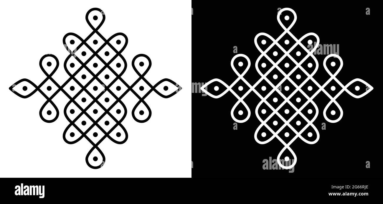 Style indien traditionnel et culturel Rangoli ou Kolam concept de lignes courbes et de points isolés sur fond noir et blanc Illustration de Vecteur