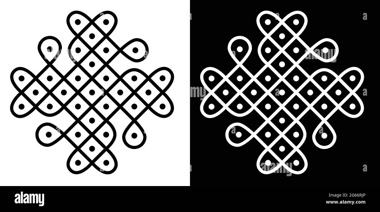 Style indien traditionnel et culturel Rangoli ou Kolam concept de lignes courbes et de points isolés sur fond noir et blanc Illustration de Vecteur