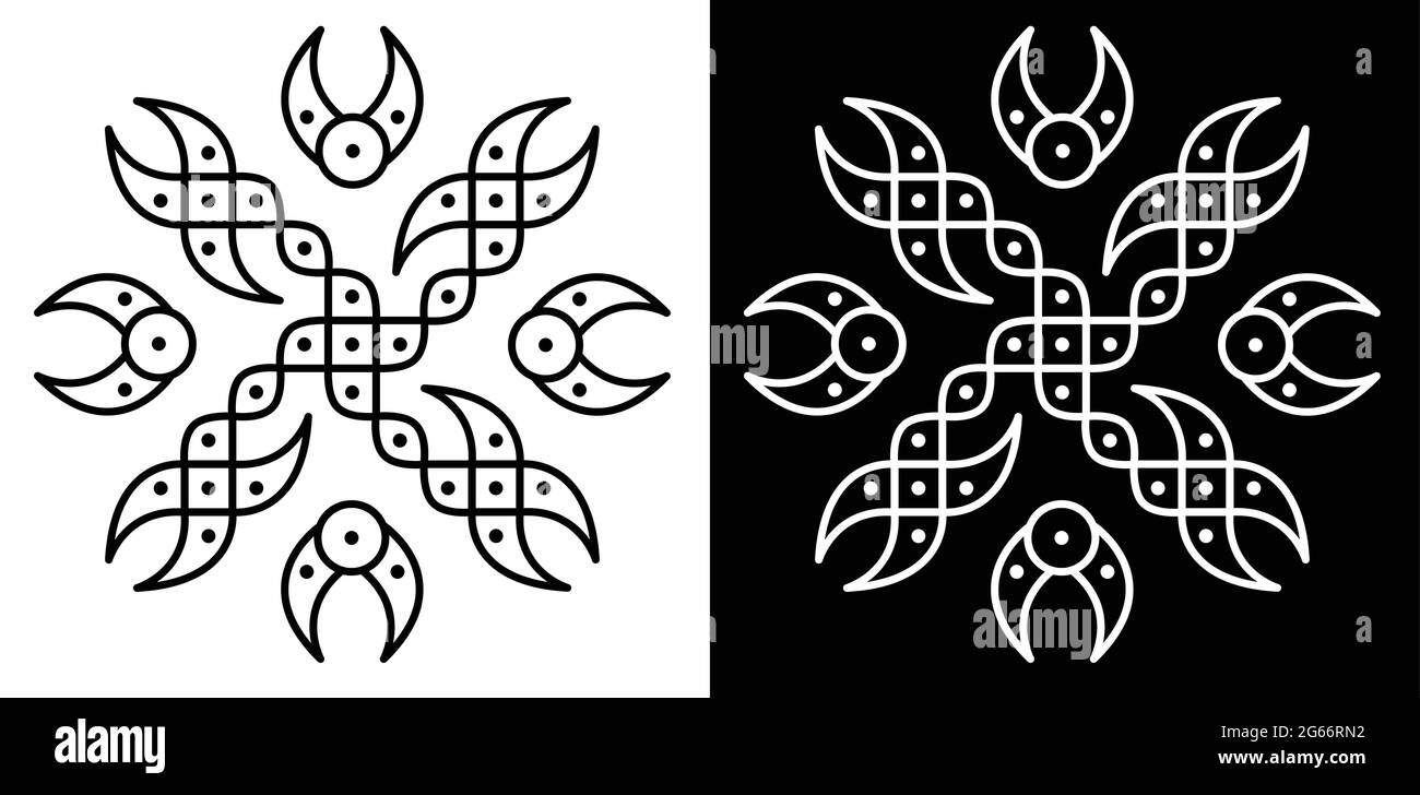 Style indien traditionnel et culturel Rangoli ou Kolam concept de lignes courbes et de points isolés sur fond noir et blanc Illustration de Vecteur