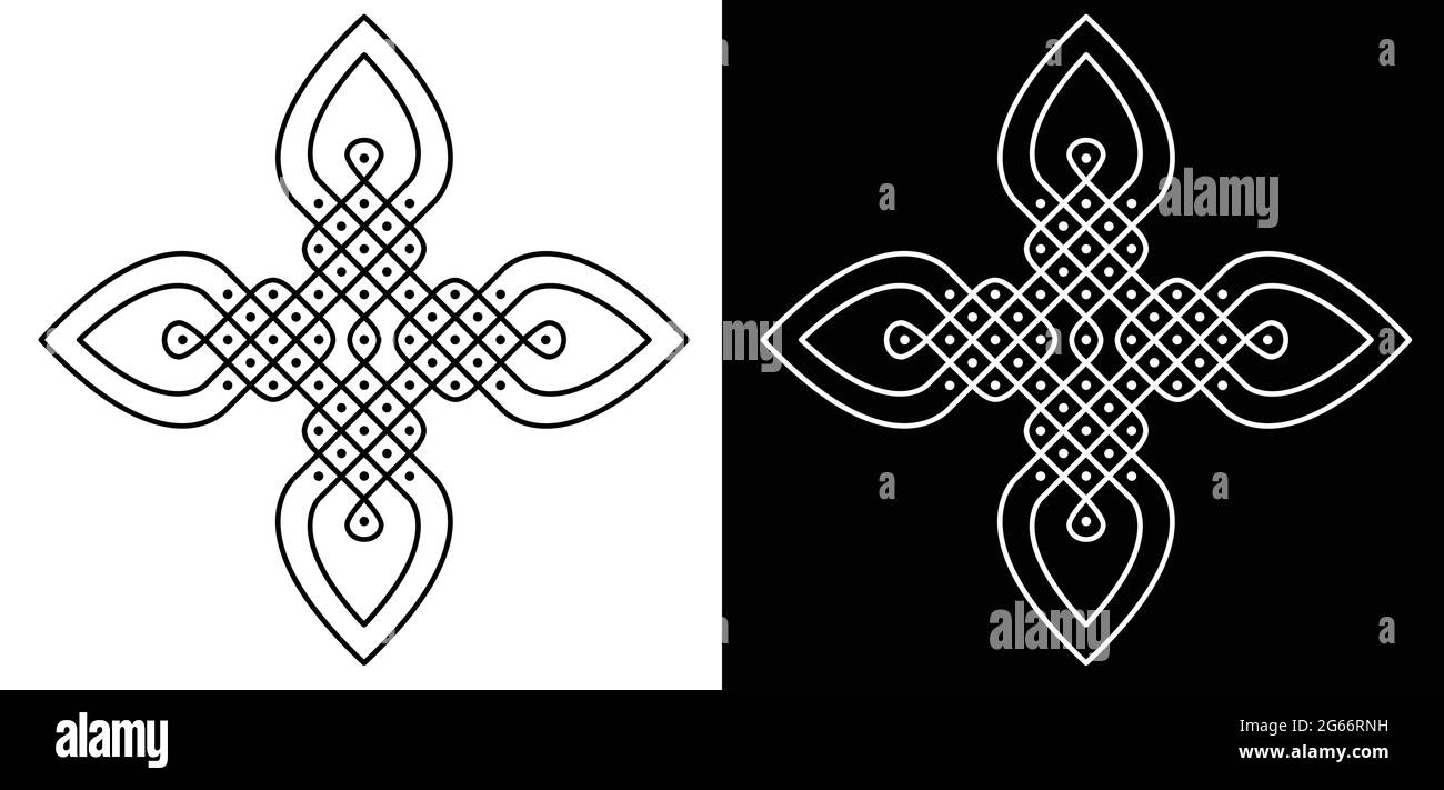 Style indien traditionnel et culturel Rangoli ou Kolam concept de lignes courbes et de points isolés sur fond noir et blanc Illustration de Vecteur