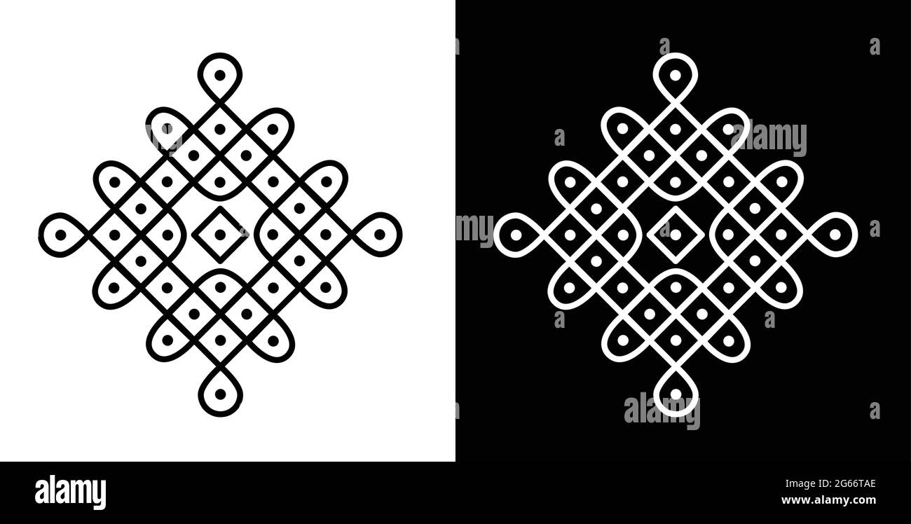 Style indien traditionnel et culturel Rangoli ou Kolam concept de lignes courbes et de points isolés sur fond noir et blanc Illustration de Vecteur