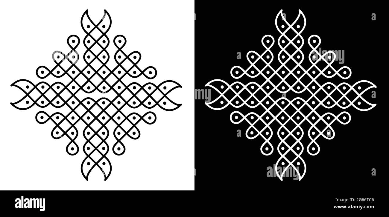 Style indien traditionnel et culturel Rangoli ou Kolam concept de lignes courbes et de points isolés sur fond noir et blanc Illustration de Vecteur