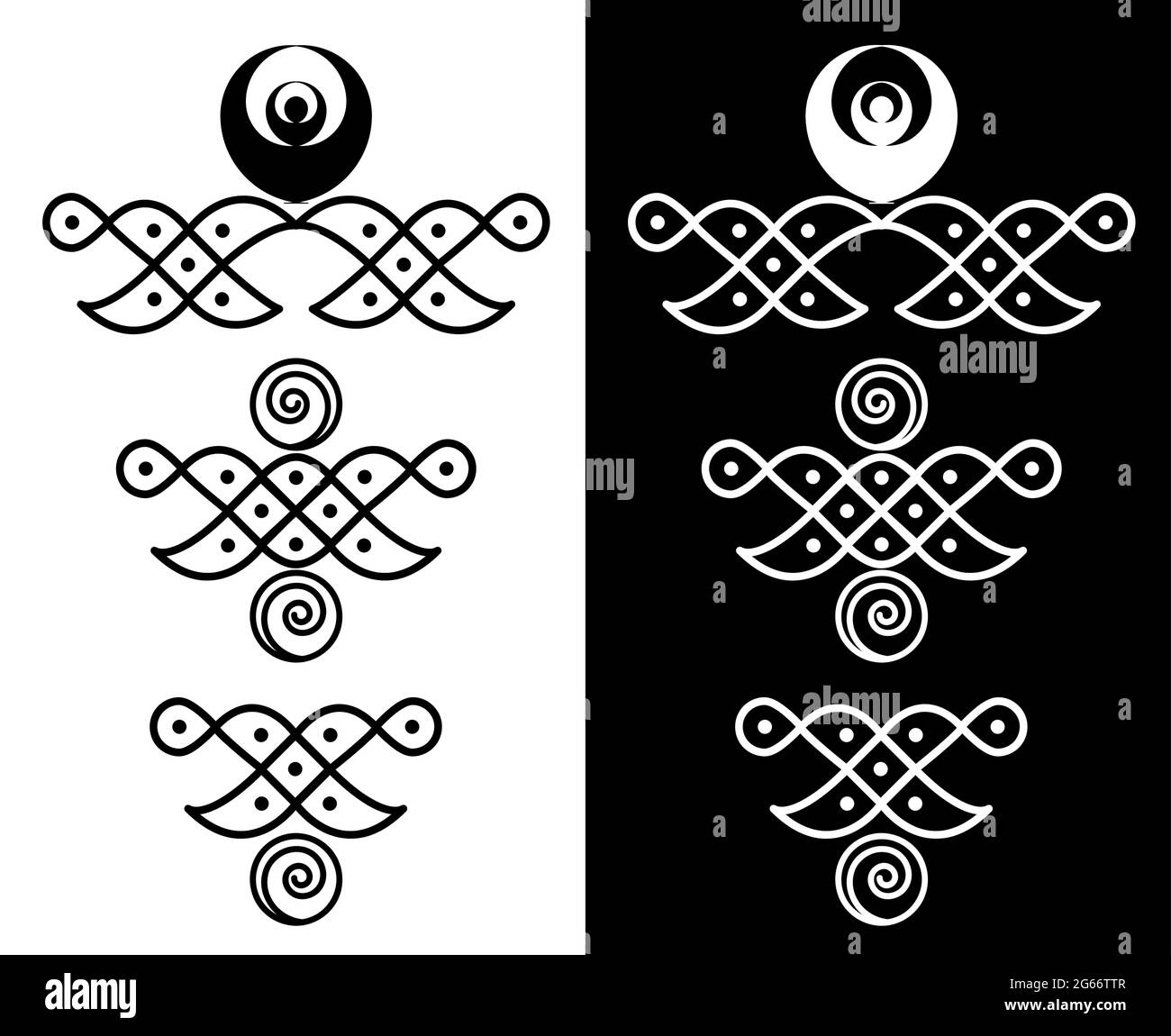 Style indien traditionnel et culturel Rangoli ou Kolam concept de lignes courbes et de points isolés sur fond noir et blanc Illustration de Vecteur