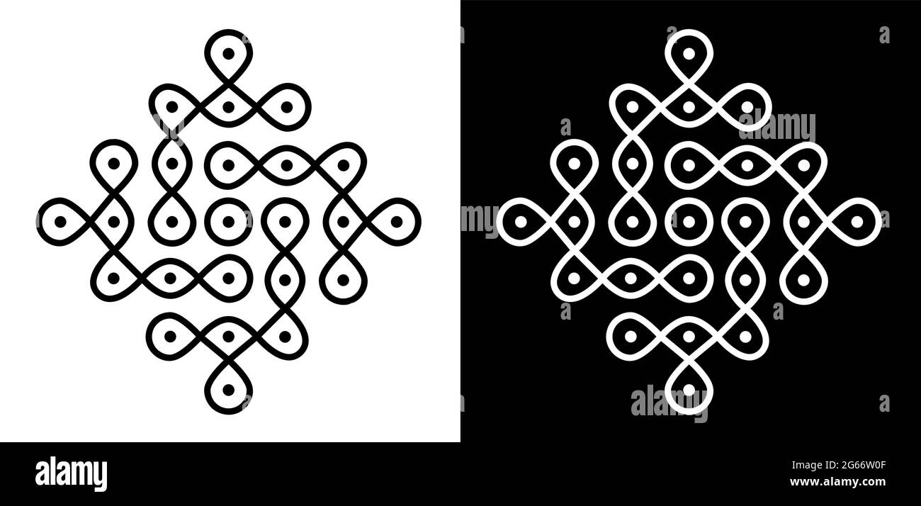Style indien traditionnel et culturel Rangoli ou Kolam concept de lignes courbes et de points isolés sur fond noir et blanc Illustration de Vecteur
