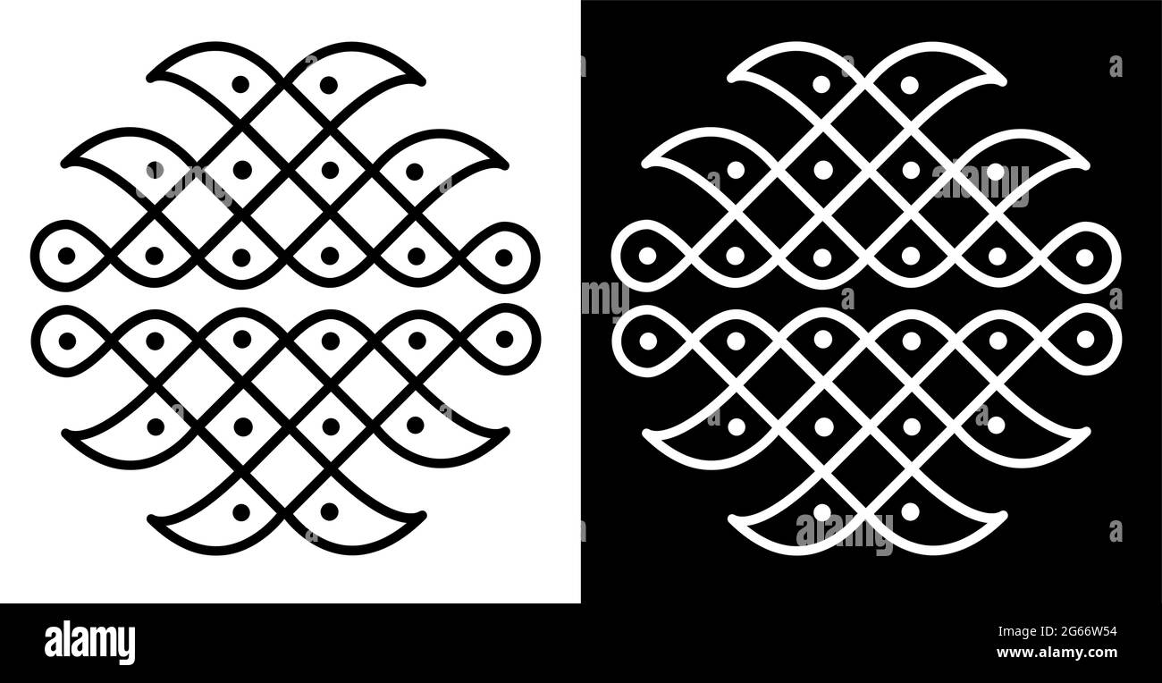 Style indien traditionnel et culturel Rangoli ou Kolam concept de lignes courbes et de points isolés sur fond noir et blanc Illustration de Vecteur