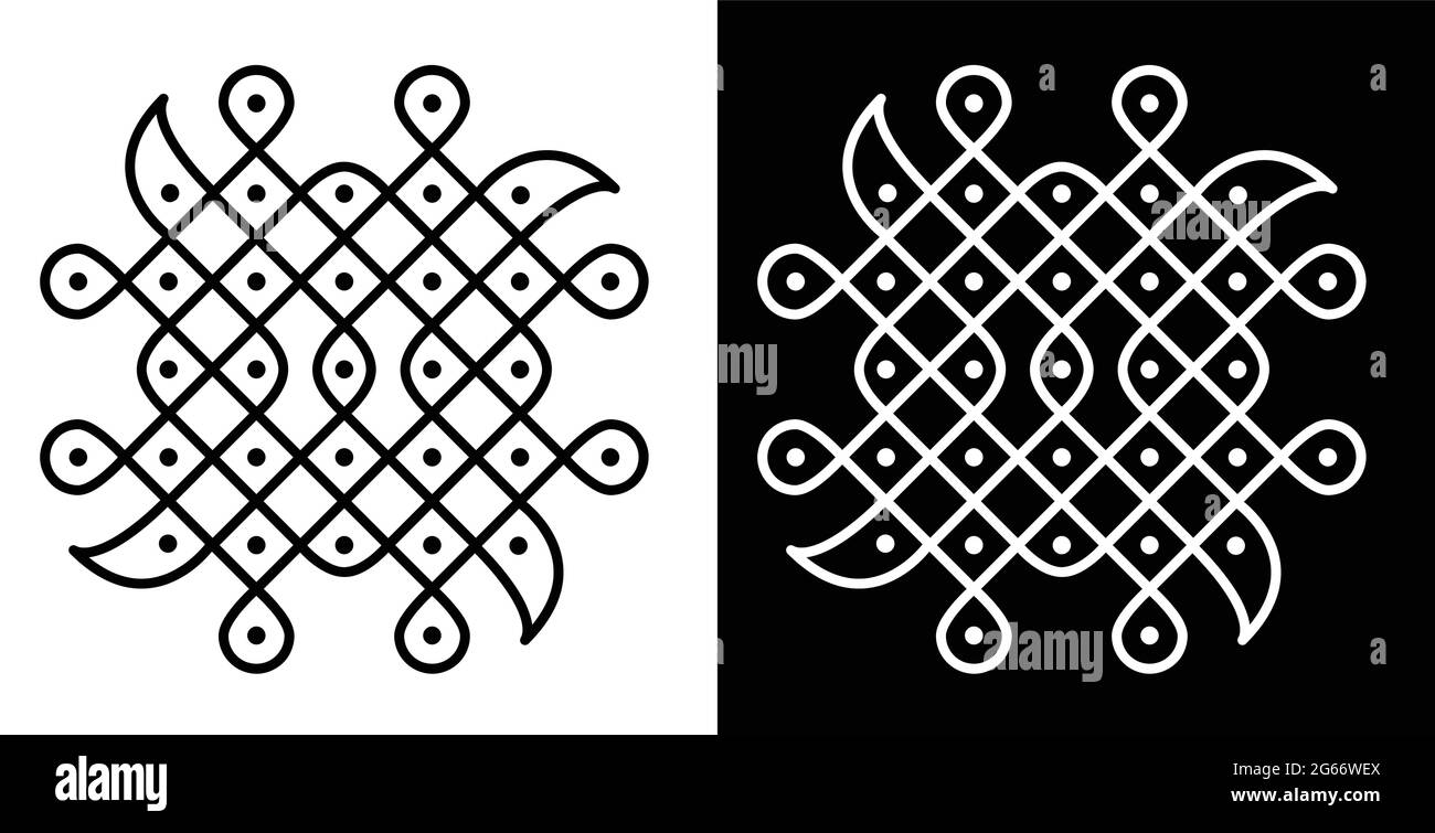 Style indien traditionnel et culturel Rangoli ou Kolam concept de lignes courbes et de points isolés sur fond noir et blanc Illustration de Vecteur