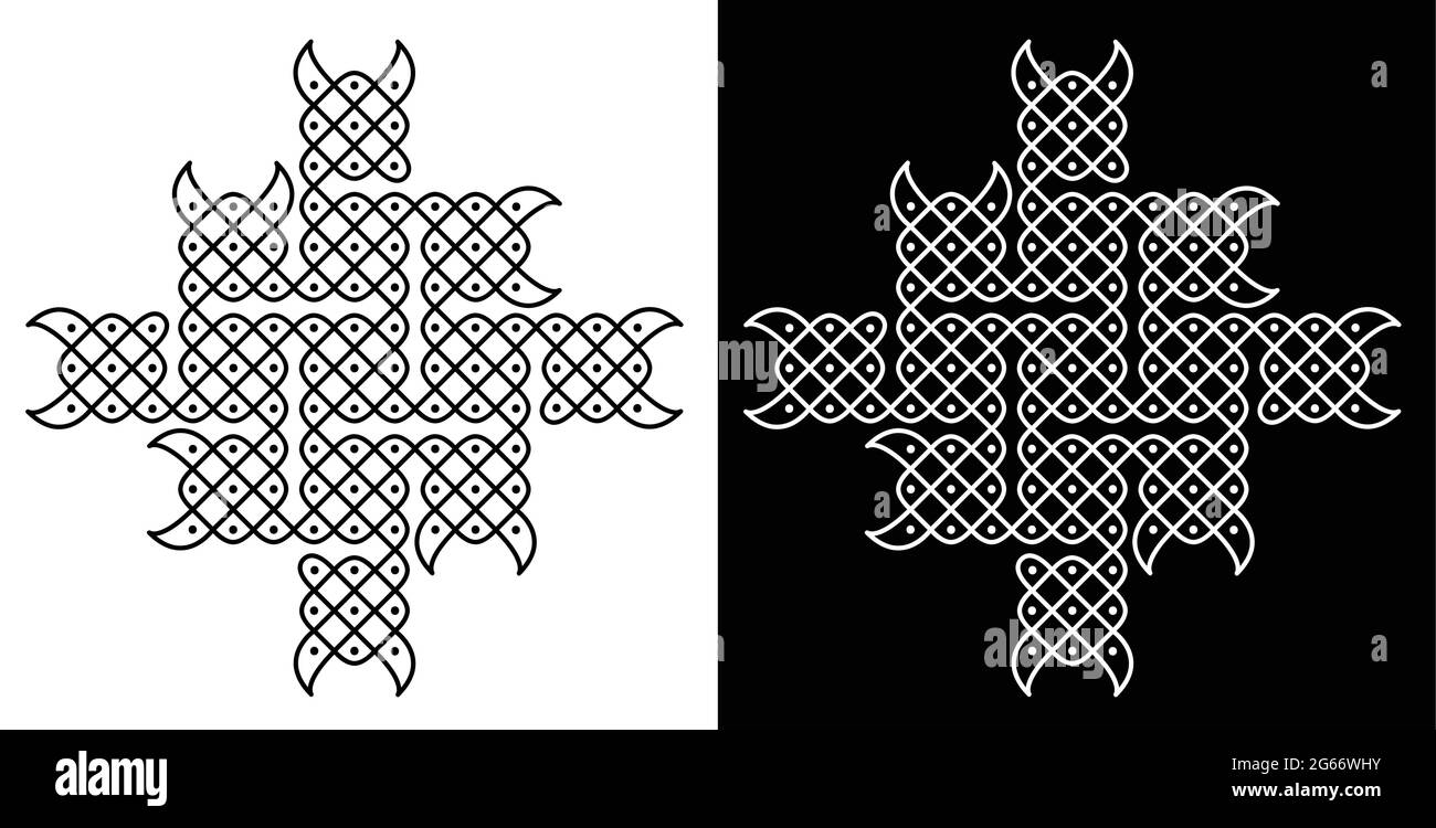 Style indien traditionnel et culturel Rangoli ou Kolam concept de lignes courbes et de points isolés sur fond noir et blanc Illustration de Vecteur