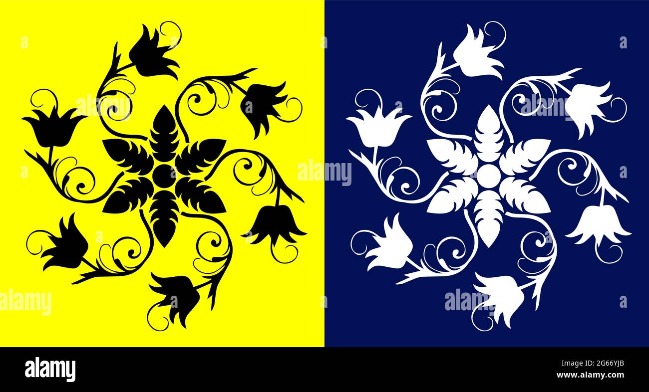 Style indien traditionnel et culturel Rangoli Mandala concept de la ligne d'art floral isolé sur fond jaune et bleu Illustration de Vecteur